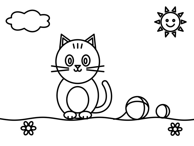 A kitten playing with a ball of yarn, as an empty coloring page