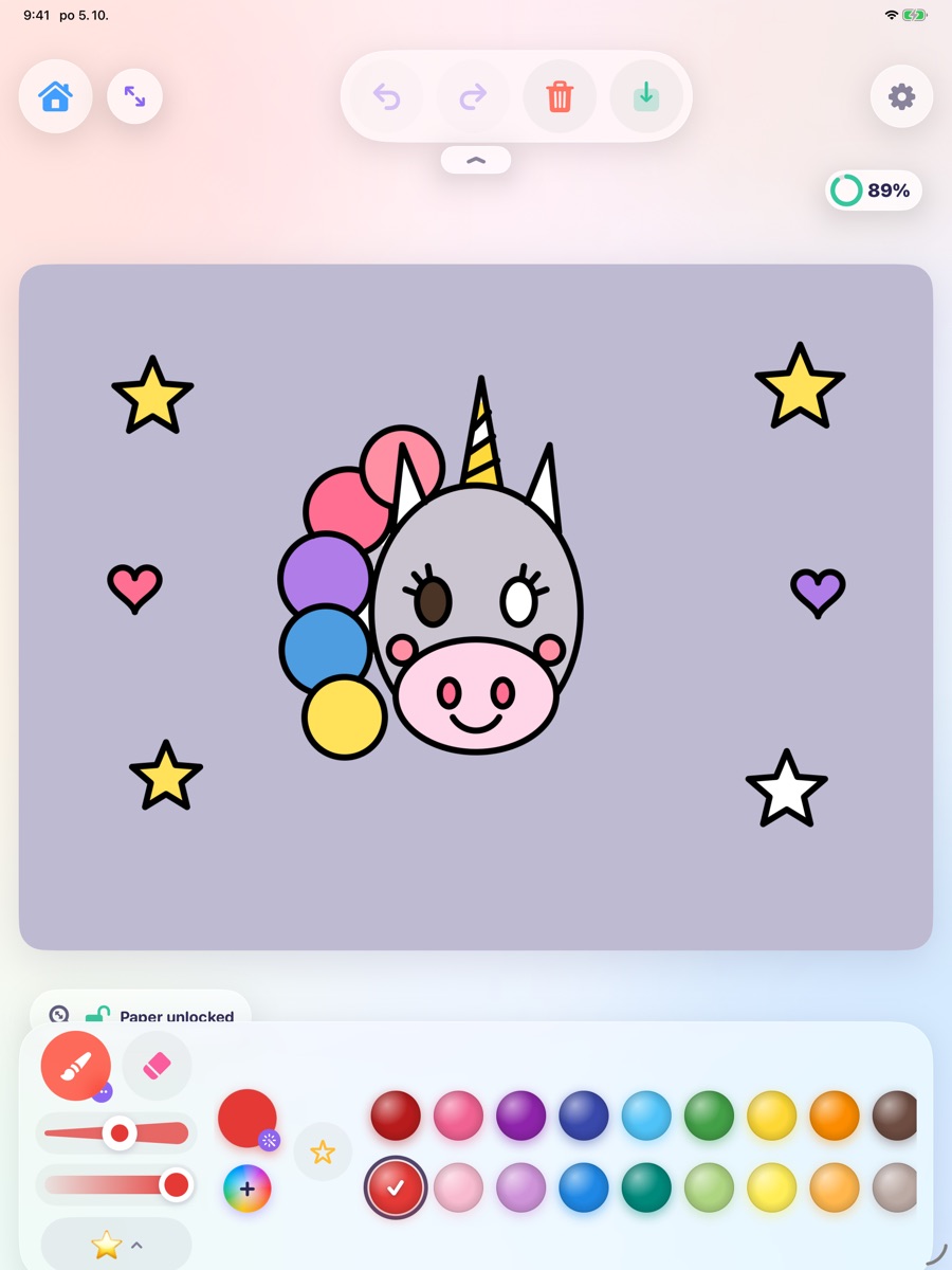 Little Lines on iPad: a unicorn coloring page with a palette of colors