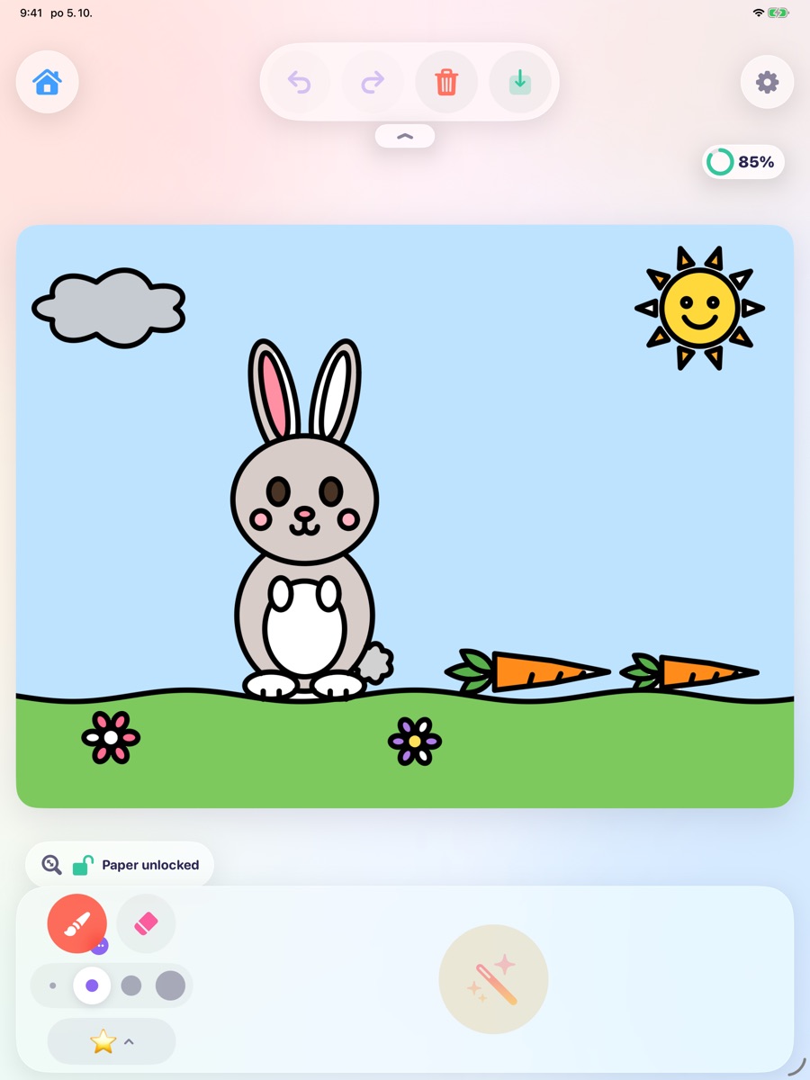 A bunny with a carrot being colored in with prepared colors