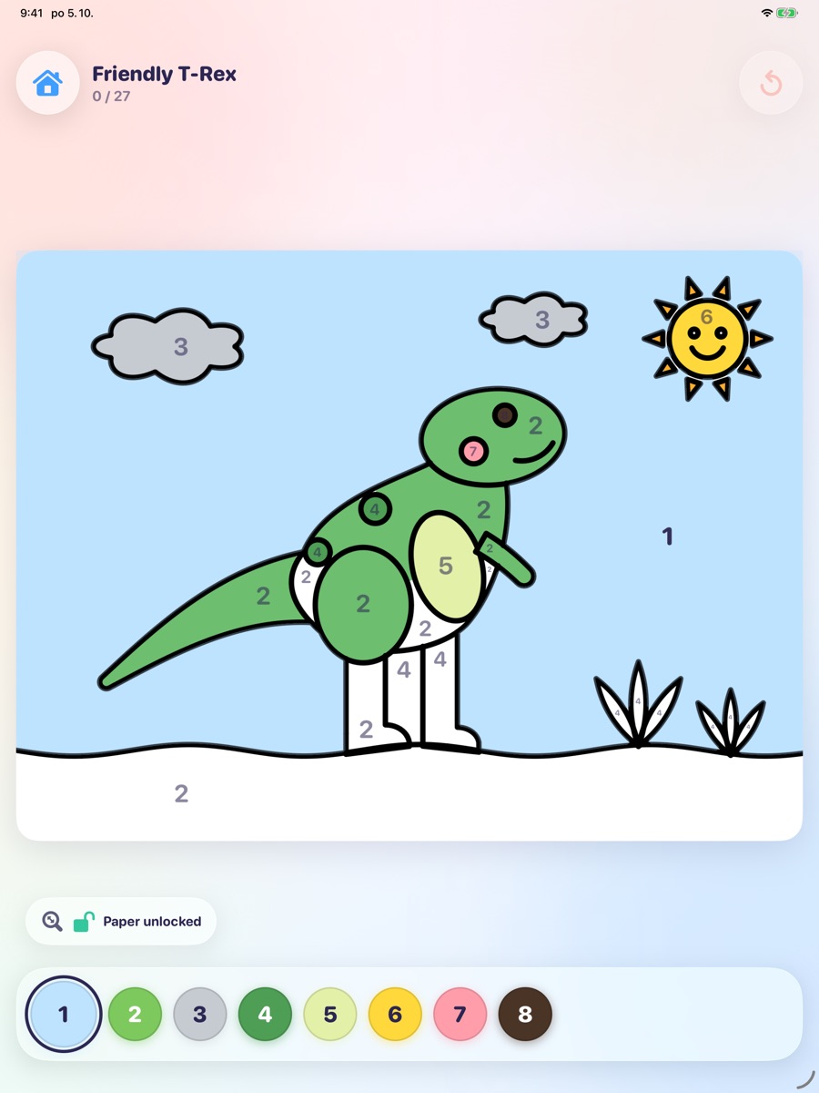 Color by number: a friendly T-Rex with a number in every area and numbered colors below