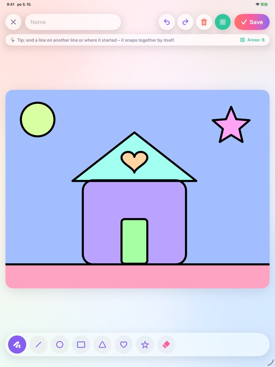 Drawing a house with a heart, a sun and a star with simple shapes